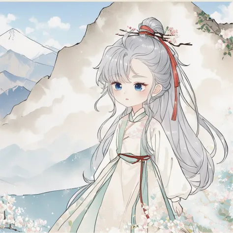 score_9,score_8_up,score_7_up,bangs,beautiful face,beautiful ultra detailed eyes,detailed face,intricate details,hyper-detailed,full_shot,front view,chibi,petite,
lindu,1girl,solo,long hair,sky,blue eyes,dress,hair ornament,ribbon,chinese clothes,blue sky,...