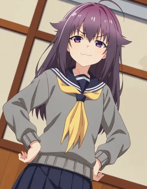 score_9, score_8_up, score_7_up, source_anime, <lora:anko-koshi-alpha-ponyxl-lora-nochekaiser:1>, anko koshi, long hair, bangs, purple eyes, purple hair, ahoge, hair flaps,, skirt, long sleeves, school uniform, pleated skirt, serafuku, sailor collar, sweat...