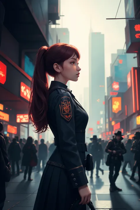 (masterpiece, best quality:1.5), detailed picture, HD32k, depth_of_field, illustration, 1girl, cowboyshot, crowded place, cyberpunk,from side,uniform