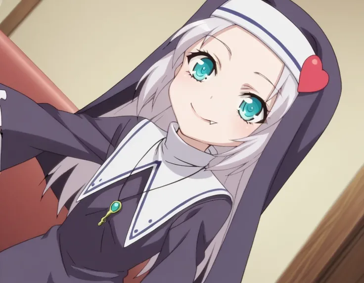 score_9, score_8_up, score_7_up, source_anime, <lora:maria-takayama-s2-ponyxl-lora-nochekaiser:1>, maria takayama, long hair, blue eyes, fang, aqua eyes,, jewelry, heart, necklace, nun, habit,, indoors, smile, looking at viewer, solo,, cowboy shot, dutch a...