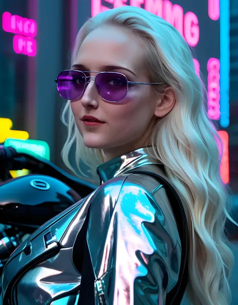 In a gritty, neo-noir setting, a woman with the online handle L33L335, sporting a unique cyberpunk outfit of neon-lit, iridescent fabric that shimmers with an otherworldly glow, her long, platinum blonde hair cascading down her back in loose waves, is capt...