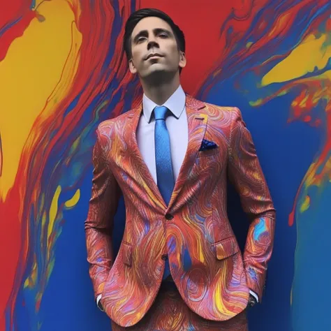 : An artistic piece featuring Tonforno standing with a thoughtful expression, set against a vibrant abstract background with swirling colors. He is wearing a vividly colored suit with intricate patterns, blending bright reds, blues, and yellows. The lighti...