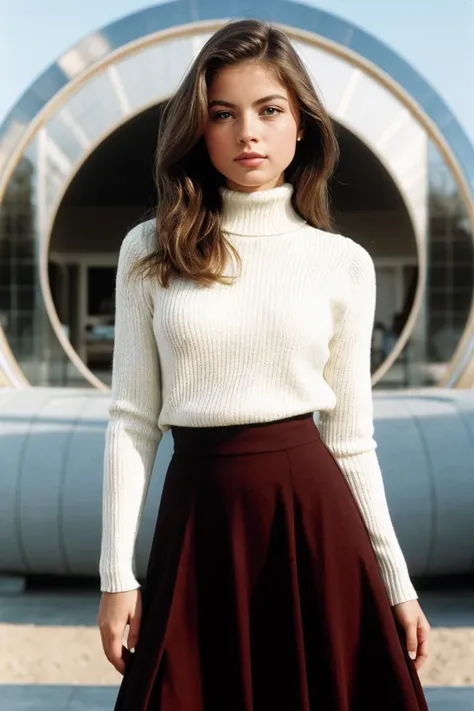 photo of V1kt0r114Al1k0_HM-136, a woman, perfect hair, (modern photo), wearing turtleneck sweater and maxi skirt, 20mm short telephoto (analog, cinematic, film grain:1.3), Mars Colony, Thriving Martian settlement with pressurized domes, rovers, hydroponic ...