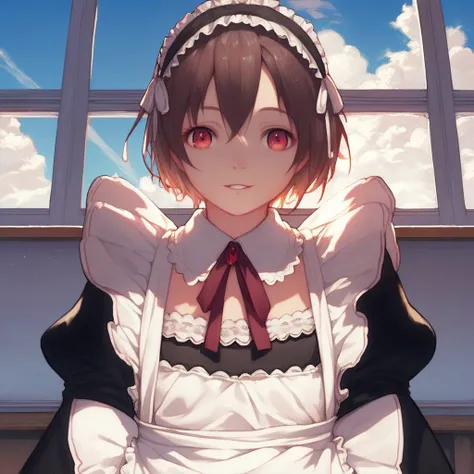 score_9, score_8_up, score_7_up, source_anime, shary, brown hair, short hair, red eyes, maid headdress, maid, classroom, window, clear sky, clouds, smile, parted lips, looking at viewer, cowboy shot, dutch angle, solo,