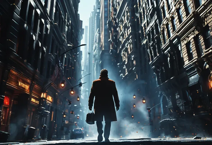 midjourneylora, 1man, solo, city,Cinematic Lighting, Dramatic lighting, high contrast, detailed shadows, high-resolution