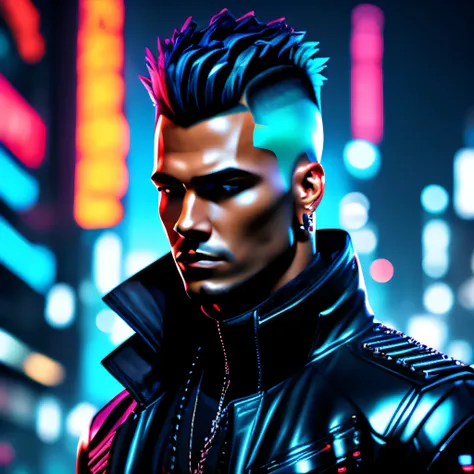 cyberpunk, solo, looking_at_viewer, short_hair, blue_eyes, 1boy, jewelry, closed_mouth, jacket, upper_body, male_focus, earrings, dark_skin, blurry, black_jacket, blurry_background, dark-skinned_male, portrait, realistic, undercut, mohawk, cyberpunk