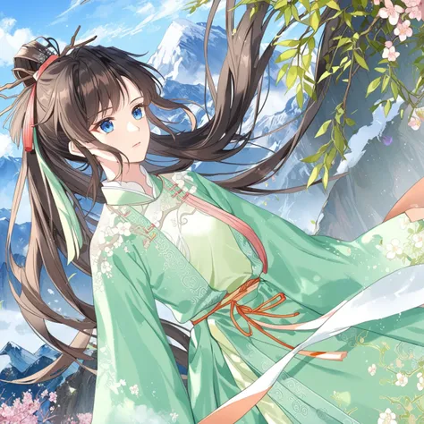 score_9,score_8_up,score_7_up,bangs,beautiful face,beautiful ultra detailed eyes,detailed face,intricate details,hyper-detailed,full_shot,front view,
lindu,1girl,solo,long hair,sky,blue eyes,dress,hair ornament,ribbon,chinese clothes,blue sky,long sleeves,...