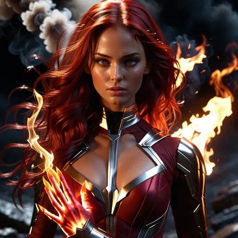 masterpiece, top quality,phoenix dark is x-men, beautiful and aesthetic:1.2, (1girl:1.3), (full body:1.5),red suitbody ,looking at viewer,fire hair, extreme detailed,(fire hands:1.5),fire,smoke,goddess, detailed, detail fingers, detail face, masterpiece,ul...