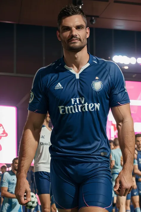 photo of person, man, serious,((soccer jersey, soccer shorts)), athletic body, pink shorts, looking to viewer, ((muscular:1.4)),hairy legs, smirk,, cinematic lighting, detailed face, detailed eyes, masterpiece, high_res, ((cowboy shot )), perfect face, at ...