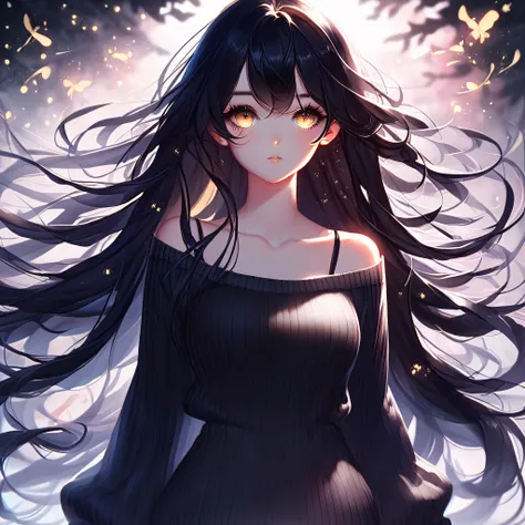 score_9, score_8_up, score_7_up, score_6_up, score_5_up, score_4_up,

bingai, 1girl, closeup, black hair, long hair, golden eyes, perfect eyes, fluffy sweater, collarbone, ethereal, black dress, 

forest, fireflies, 

