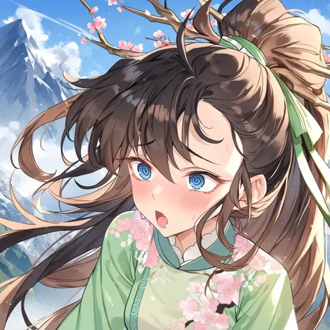 score_9,score_8_up,score_7_up,lindu,pretty,bangs,beautiful face,beautiful ultra detailed eyes,detailed face,hyper-detailed,standing,1girl,upper_body,solo,long hair,sky,blue eyes,dress,hair ornament,(ahegao:1.5),rolling_eyes,(blush:1.5),ribbon,chinese cloth...