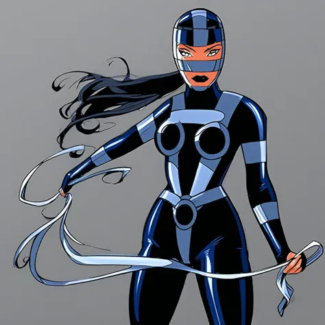 Lashina, 1girl, solo, bodysuit, mask, long hair, ponytail, black hair,  breasts, black lips, beautiful face,  standing, holding whip,