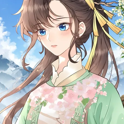 score_9,score_8_up,score_7_up,lindu,pretty,bangs,beautiful face,beautiful ultra detailed eyes,detailed face,hyper-detailed,standing,1girl,upper_body,solo,long hair,sky,blue eyes,dress,hair ornament,(blush:1.1),ribbon,looking_afar,chinese clothes,blue sky,l...