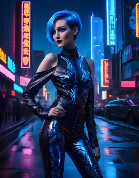 In a gritty, neon-lit cyberpunk cityscape at twilight, L33L335, a striking woman with a unique blend of long, electric blue hair and short, jet black pixie cut, stands against the cold steel exterior of a towering holographic advertisement. Her piercing bl...