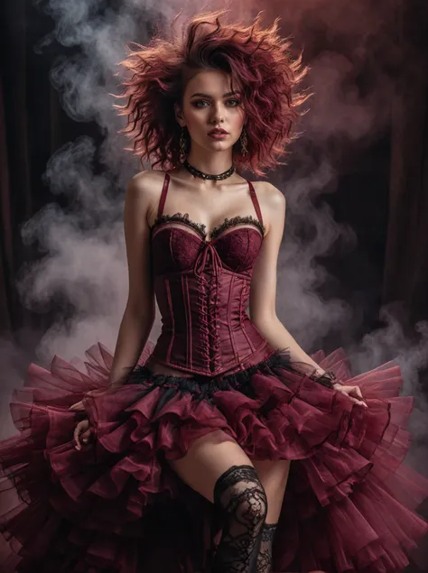 a woman in a lingerie sexy pose,cloud hair,burgundy,dressed in a tiered tulle skirt with a lace-up bustier and spiked accessorie...