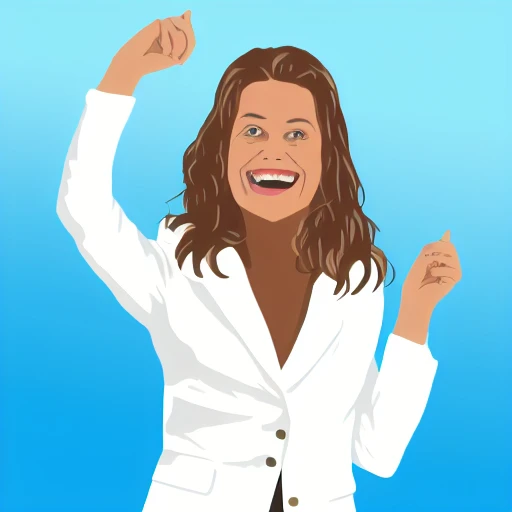 woman, brown hair, smiling, blue blazer, white blouse, outdoor, happy expression, portrait, vector illustration