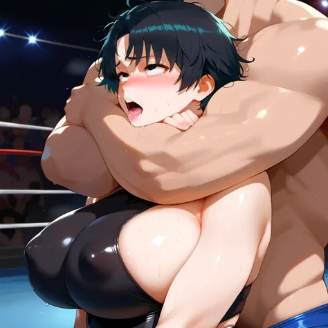 score_9, score_8_up, score_7_up, score_6_up, source_anime,uncensored,wrestling ring,wrestling,from side, 
BREAK
lips,(1girl:1.3),  huge breasts,short hair,black eyes, messy hair,  black hair, shiny skin,pale skin,blush,black leotard, (rolling eyes), open m...