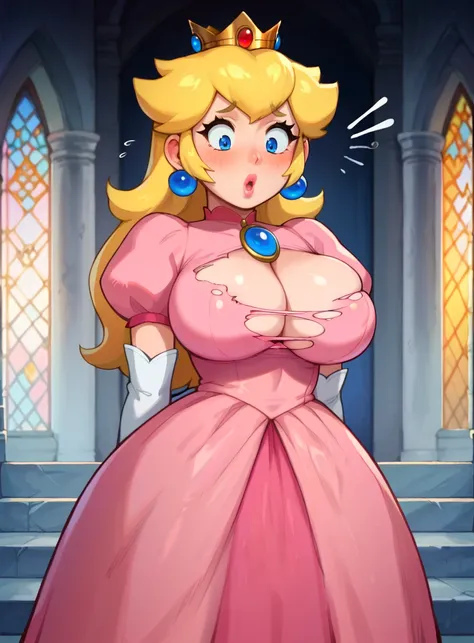 score_9, score_8_up, score_7_up, score_6_up, source_anime, 2d, 1girl, solo, (titburst), princess peach, torn clothes, blonde hair, large breasts, blush, bursting breasts, arms at sides, shocked, looking down, suprised, pink dress, castle interior, (shiny s...