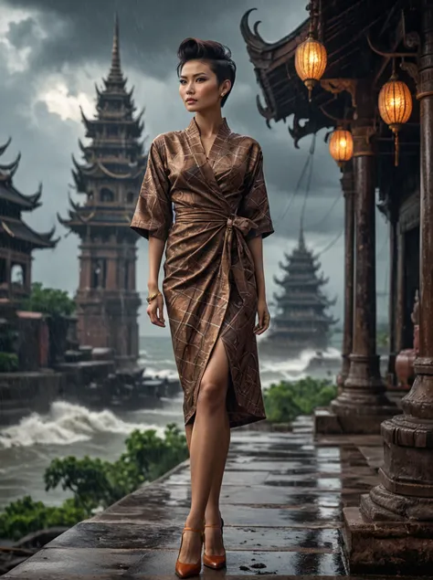 a beautiful thai woman with a mysterious allure,pompadour haircut,chestnut,dressed in a wrap dress with bold geometric prints an...