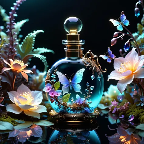 Intricate gorgeous detailed bioluminescent magical and dreamy fairy perfume bottle, breathtaking borderland fantasycore artwork by Android Jones, Jean Baptiste monge, Alberto Seveso, Erin Hanson, Jeremy Mann. maximalist highly detailed and intricate profes...