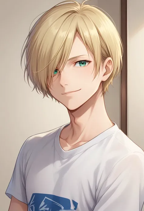 score_8_up, score_7_up, source_anime, highly detailed, 
yurio, 1boy, male focus, blonde hair, green eyes, hair over one eye, solo, t-shirt, upper body, smile,
indoor,