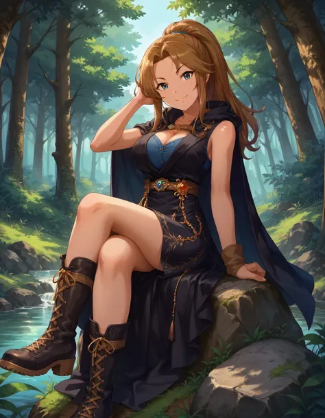 score_9,score_8_up,score_7_up,1girl,solo,looking at viewer,sitting on rock,smile,forest,crossed legs,
<lora:matsumotosarina_ponyXLV6:0.8>,cgmsr,brown hair,long hair,ponytail,blue eyes,big breasts,
black cape,black long dress,sleeveless,cleavage,boots