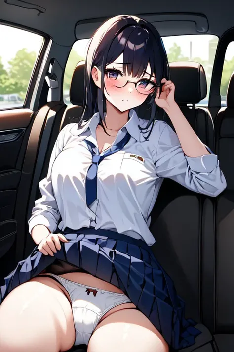 1girl,glasses,white shirt,blue skirt,neck tie ,
(Inside car, on backseat,cum filled pantie,<lora:Thai_school_uniform_1.2:0.8>,