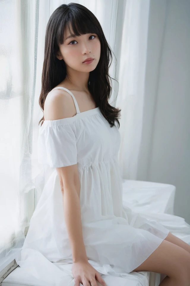 score_9,score_8_up,score_7_up,source_photo,masterpiece,4k,high quality,(best quality:1.1),realistic,
1girl,solo,looking at viewer,black hair,realistic,sitting,mole,dress,lips,long hair,white dress,mole under mouth,from side,black eyes,bangs,shirt,white shi...