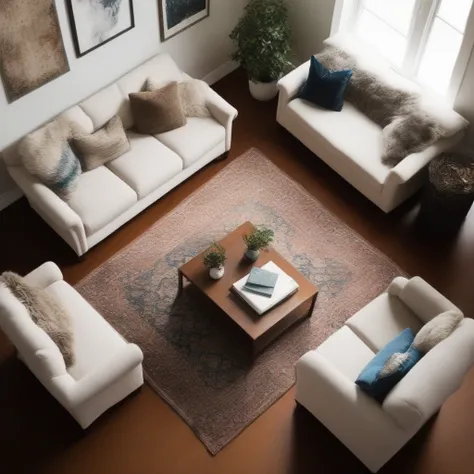 Top down view of a living room with an area rug