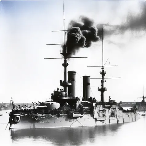 ocean, outdoors, Battleship Orel at bay, Battleship Admiral Ushakov sailing towards the viewer against the bacdrop of a port. Black and White photograph, under blue sky. the ship is painted very dark, Smoke billowing from smoketacks, vehicle focus, Sailors...