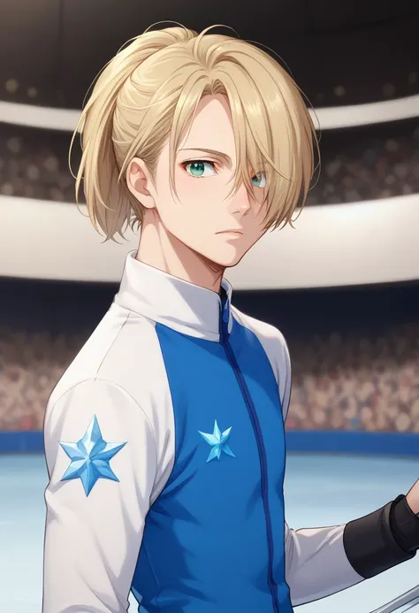 score_8_up, score_7_up, source_anime, highly detailed, 
yurio, 1boy, male focus, blonde hair, green eyes, hair over one eye, solo, skates, ice-skating uniform, bodysuit, ponytail, 
indoor, ice rink