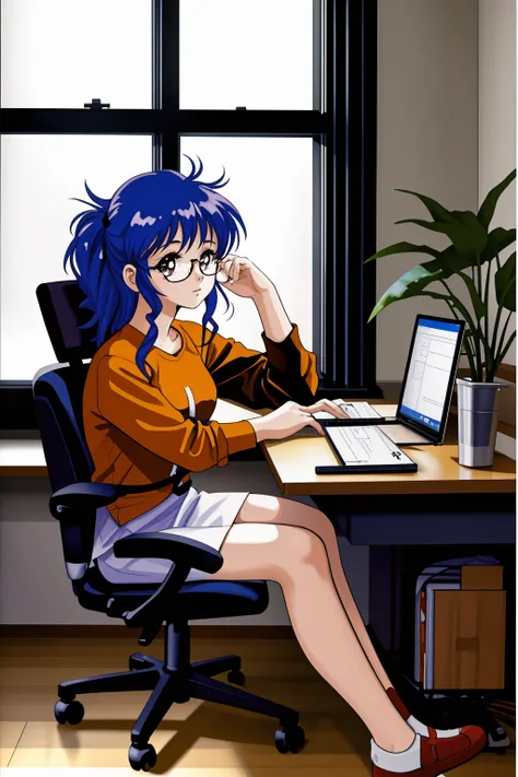 1girl sitting,glasses, working on pc,desk