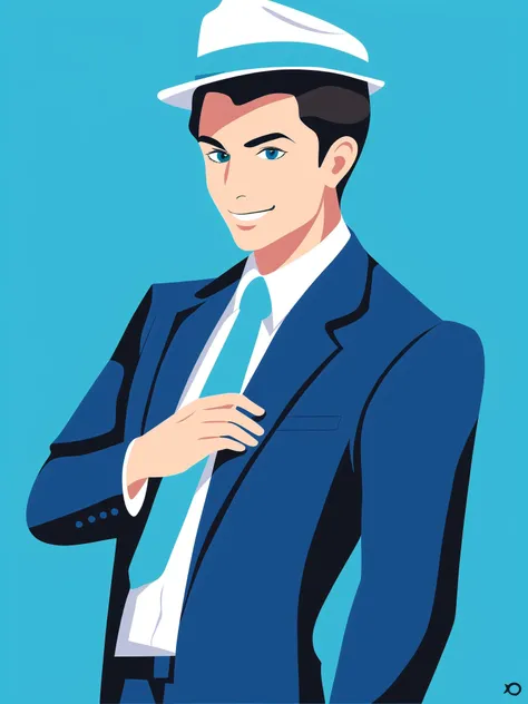 FRESHIDEAS Illustration 63# 1girl aqua background artist name black hair black necktie blue background blue theme collared shirt formal hat jacket male focus shirt simple background smile solo star (symbol) suit upper body white shirt,