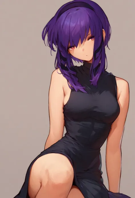 score_9, score_8_up, score_7_up, 1girl, solo, Miho, sidelocks, purple hair, hair ribbons, black dress, simple background, dynamic posing