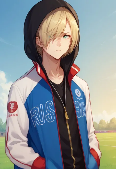 score_8_up, score_7_up, source_anime, highly detailed, 
yurio, 1boy, male focus, hood, blonde hair, green eyes, hands in pockets, hair over one eye, jacket, hoodie, zipper, solo, upper body, track jacket, frown,
outdoor, sky,