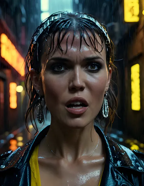 In a gritty, neo-noir setting reminiscent of Blade Runners rain-soaked cityscape, the camera captures M4NDYM00R3, a woman with brown hair and piercing eyes adorned in a unique, vibrant outfit that contrasts sharply against the dark alleyway backdrop. Her l...