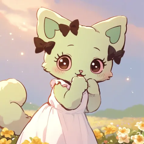 score_10, score_9_up, score_8_up, Emma, solo, looking at viewer, blush, bow, no humans, furry, cat, Green fur, happy, white dress, out side, morning, sky, flower field