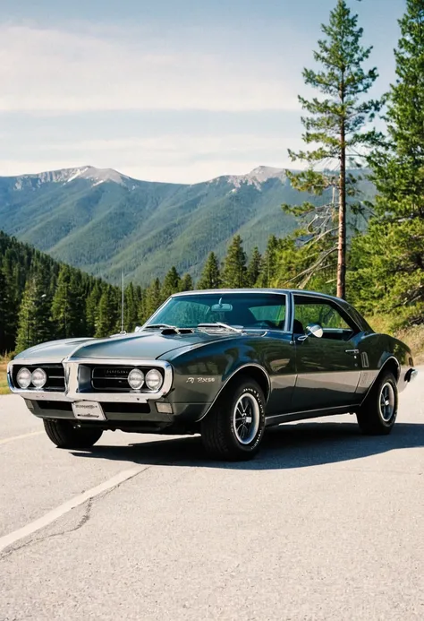 ClassicMuscleCar, gleaming Pontiac Firebird, front side view, mountains landscape, pine trees, 4K, highly detailed, (stylish grainy analog 35mm film photo)