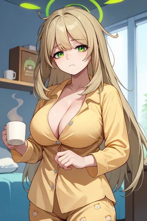 score_9, score_7_up, source_anime, cowboy shot, looking at viewer, tired, nnmba, green halo, large breasts, long hair, messy hair, pajamas, partially unbuttoned, cleavage, holding coffee mug, indoors, <lora:Hoseki_BlueArchive_NonomiIzayoi_PDXL_v1:1>