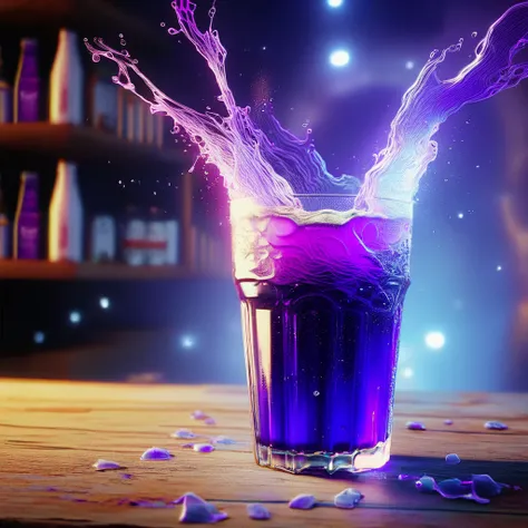 vibrant glowing purple drink, in the style of a product hero shot in motion, dynamic magazine ad image, photorealism, sleep and mystical elements around the background