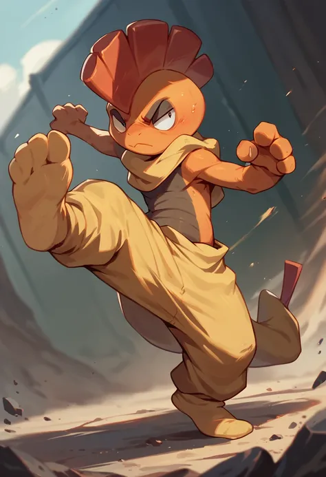 score_9, score_8_up, score_7_up, score_6_up, source_furry, solo, dof,  full-length portrait, blurred background,  <lora:POKEMON_SCRAFTY:1> scrafty, pokemon (creature), baggy pants, action pose, cinematic, kicking, attack, dust blowing in background