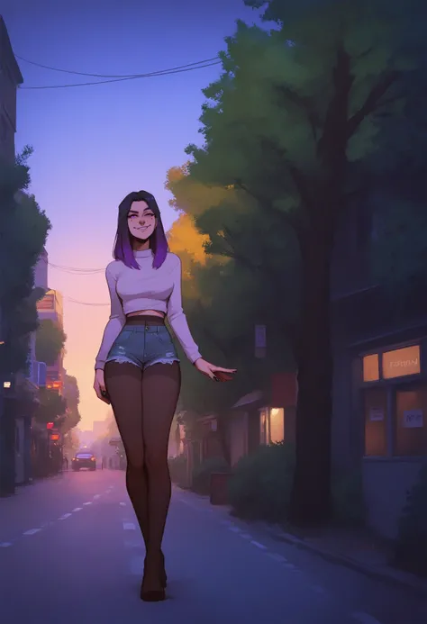 score_9, score_8_up, score_7_up, 1girl, freckles, smug, smile, pantyhose under shorts, black nails, nail polish, purple gradient hair, nose ring piercing, purple eyes,
<lora:zenith:1>, scenery, lamppost, street, tree, dusk,