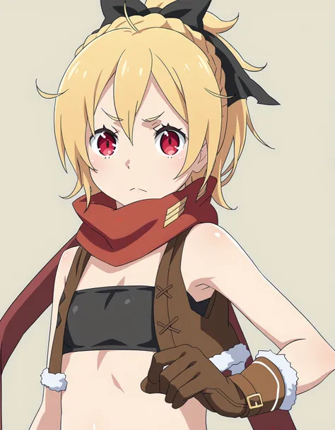 <lora:Felt_ReZero:1>, felt, blonde hair, red eyes, solo, scarf, gloves, bandeau,