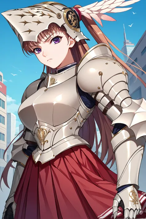 score_9, score_8_up, score_7_up, score_6_up, source_anime, 1girl, solo,  <lora:noelma-pdxl-nvwls-v1-000005:1> noelma, brown hair, purple eyes, helmet, armor, gauntlets, red skirt, pleated skirt, armored boots, big breasts, serious, looking at you, blue sky...