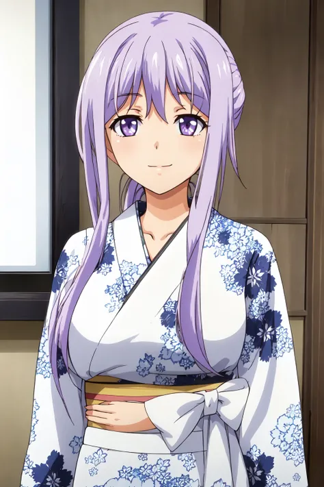 ShimizuMisako, 4k, absurd, high resolution, ultra high resolution, high definition, masterpiece, 1girl, solo, long hair, smile, purple eyes, purple hair, japanese clothes, kimono, floral print, light purple hair, yukata<lora:EMS-437578-EMS:0.800000>