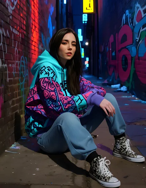 In a gritty, urban setting bathed in the cold, blue glow of neon lights, L1ND4C, a woman with long, dark hair cascading down her shoulders, sits on a graffiti-covered brick wall. Her lips are parted slightly, revealing an intense gaze that locks onto the v...