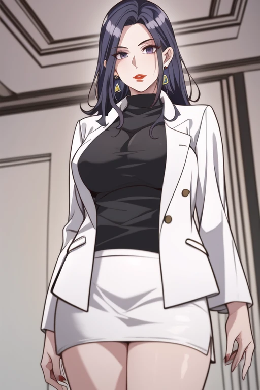 1girl, solo, mature female, purple eyes, lipstick, large breasts, black turtleneck, white jacket, skirt, (looking at viewer:1.2), facing viewer, (he_shiqin:1.2), earrings, jewelry, from below, legs visible