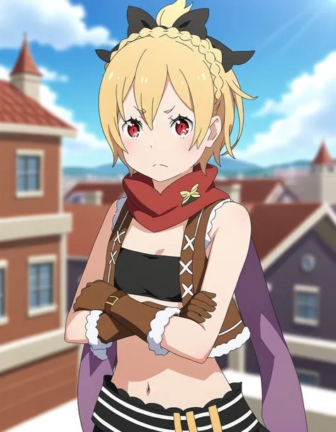 <lora:Felt_ReZero:1>, felt, blonde hair, red eyes, gloves, standing, facing viewer, rooftop, re:zero, depth of field, red scarf, bandeau, brown gloves, hair bow, looking at viewer, arms crossed, blue sky, depth of field