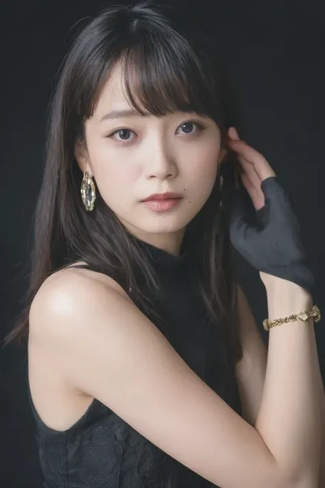 score_9,score_8_up,score_7_up,source_photo,masterpiece,4k,high quality,(best quality:1.1),realistic,1girl,solo,jewelry,earrings,mole,dress,black dress,looking at viewer,sleeveless,black eyes,bangs,sleeveless dress,black background,bracelet,upper body,glove...