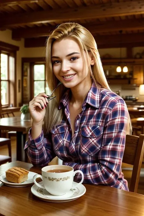 <lora:T4ti4naG_v10:0.75>, T4ti4naG, 1girl, solo, blonde hair, straight hair,  smirk,  At a sunlit breakfast nook in a quaint bed and breakfast, the influencer sits at a rustic table, enjoying a hearty meal. She’s dressed in a soft, plaid flannel shirt. The...